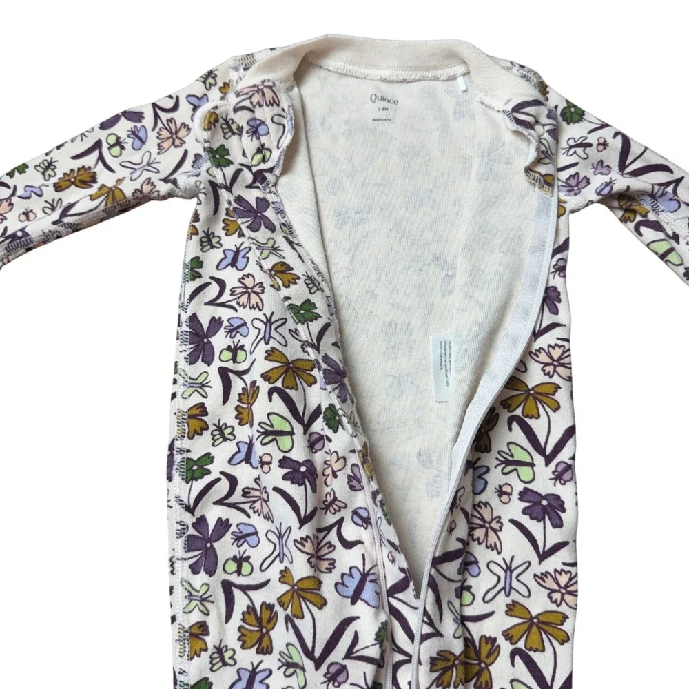 Quince Cream Butterfly Floral Organic Cotton Footed Sleeper 3-6M Baby Pajamas